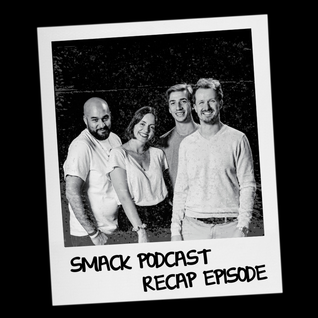 polaroid picture showing the four hosts of the smack hospitality podcast posing for the recap episode